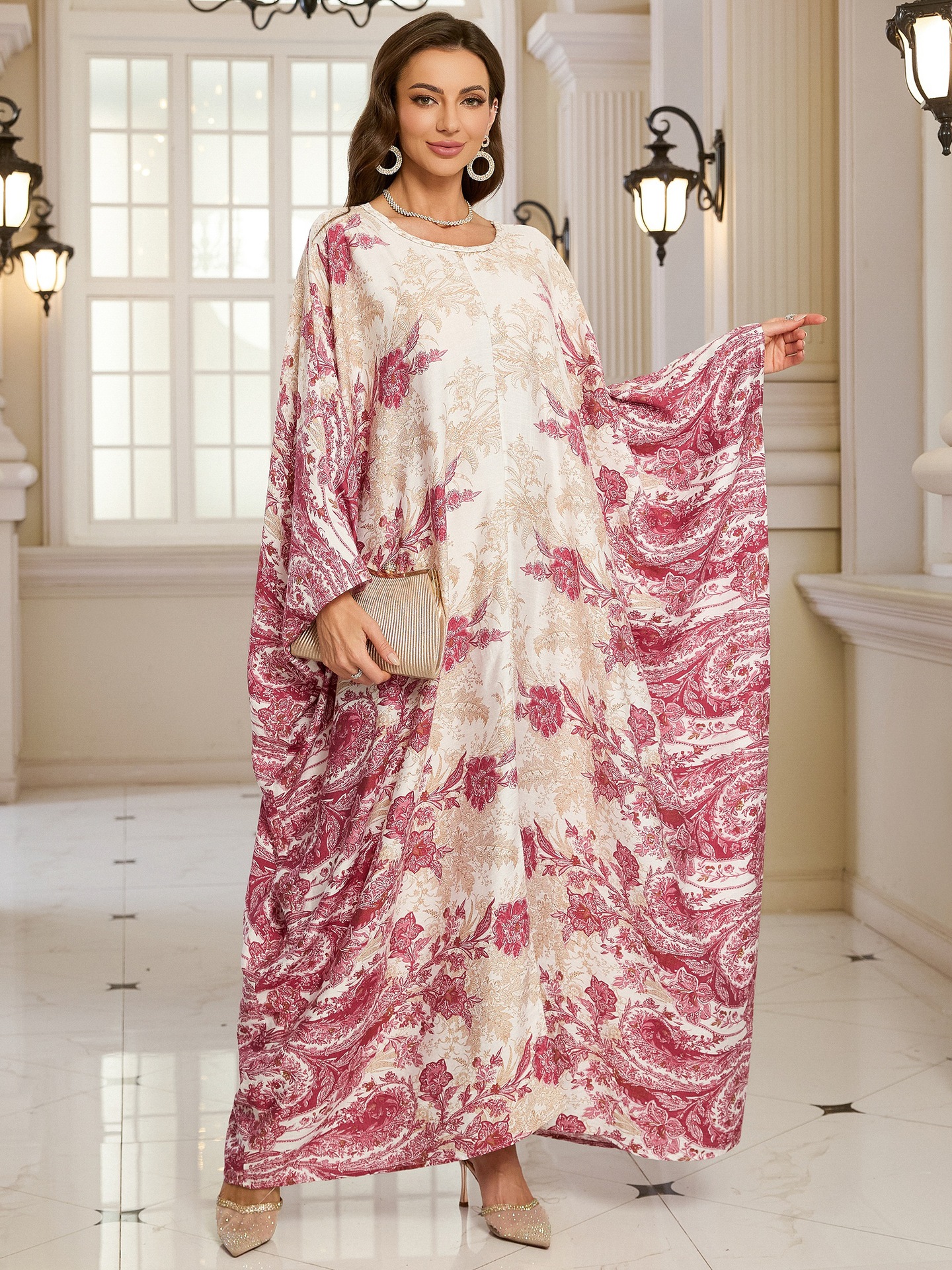 Geometric Pattern Kaftan Maxi Dress with Long Batwing Sleeves for Beach Cover Up